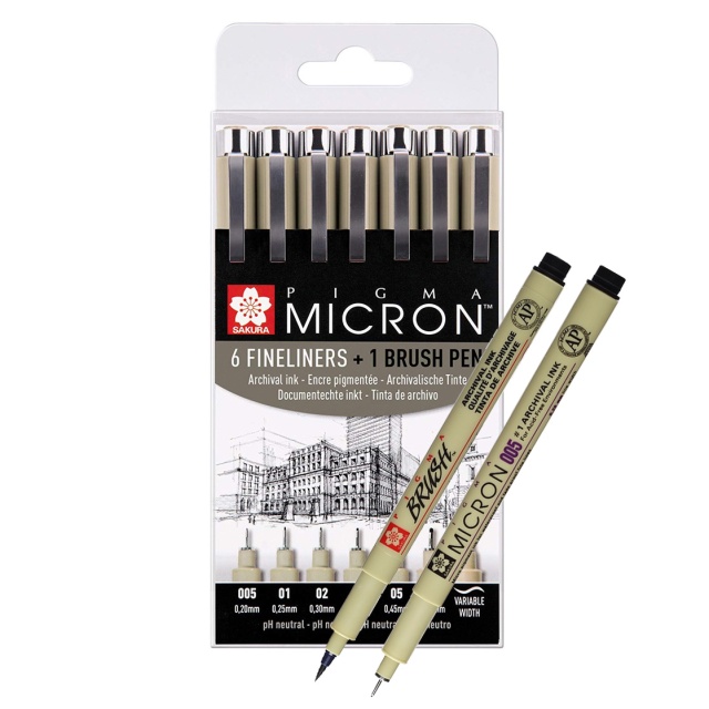 Pigma Micron Fineliner 6-set + 1 Brush Pen