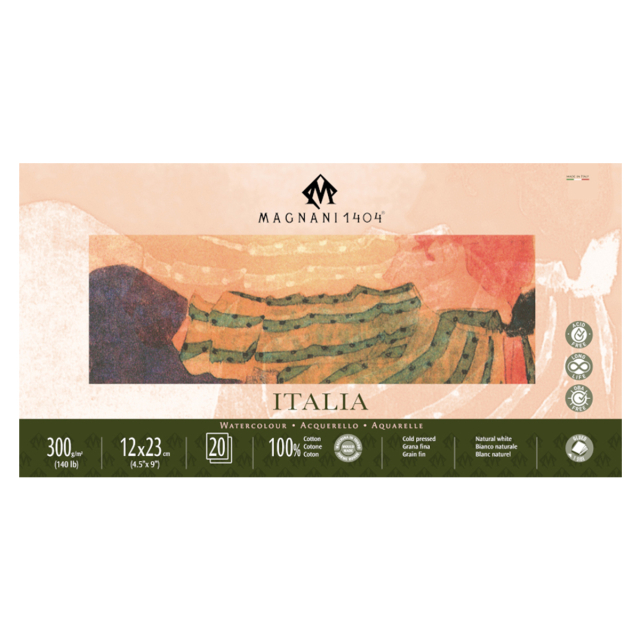 Watercolour Pad Italia 100% Cotton 300g Fine Grain 12x23cm 20 Sheets