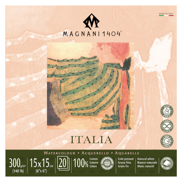 Watercolour Pad Italia 100% Cotton 300g Fine Grain 15x15cm 20 Sheets