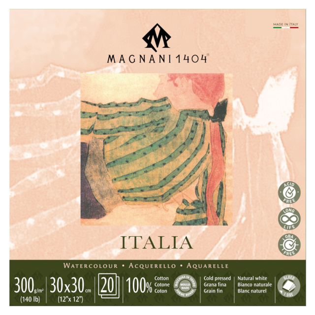 Watercolour Pad Italia 100% Cotton 300g Fine Grain 30x30cm 20 Sheets