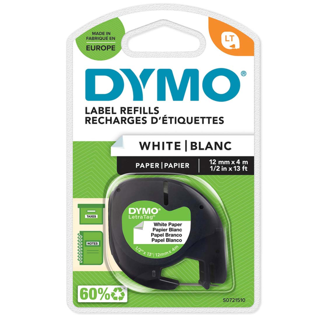 LetraTag paper labels 12 mm x 4 m Black on White