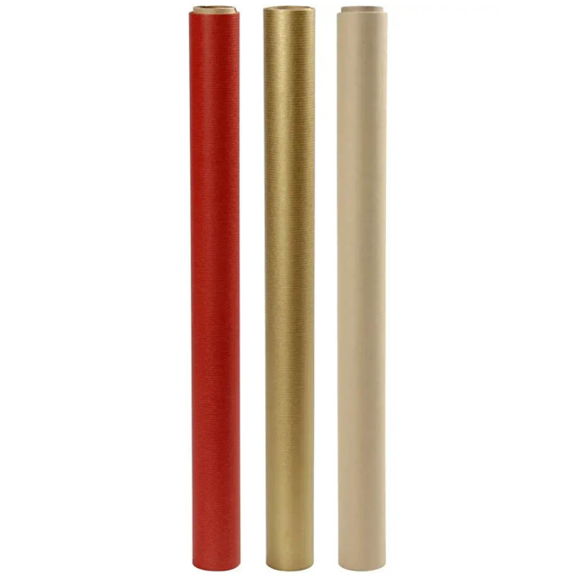 Gift wrap 3-pack 50cm x 5m Kraft/Gold/Red