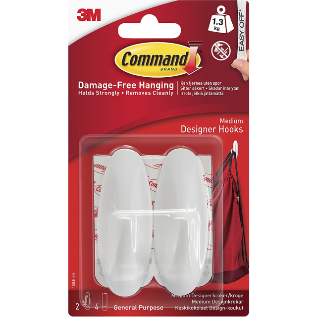 Command Self-Adhesive Hooks Design Medium White 2-pack