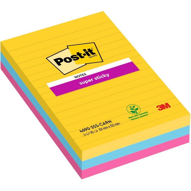 Post-it Super Sticky 101 x 152 mm Colour Mix Carnival Ruled 3-pack