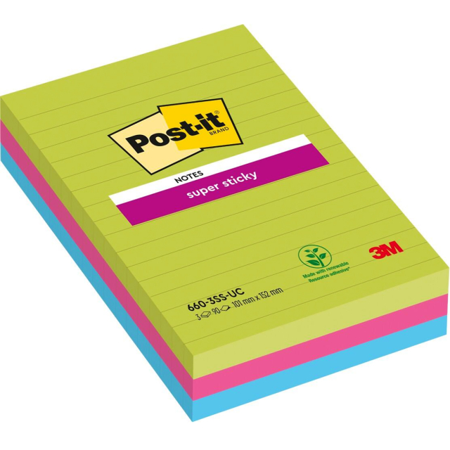 Post-it Super Sticky 101 x 152 mm Colour Mix Ruled 3-pack