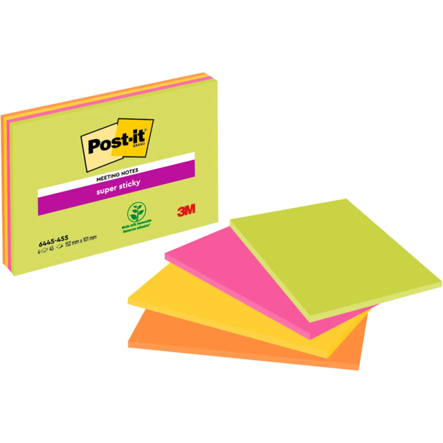 Post‑it Super Sticky 152×101 Meeting colour mix Neon 4‑pack